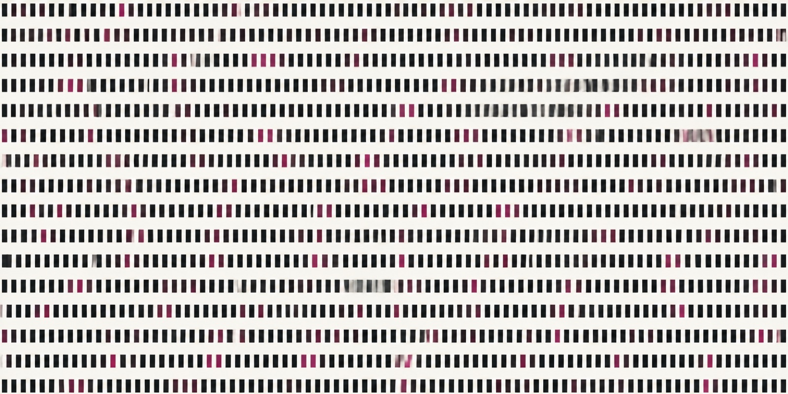 A dense field of small marks arranged in rows, thinning towards the right, with a scattered few picked out in magenta