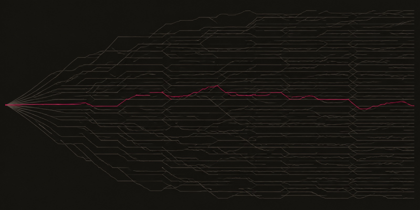 Hairlines fanning out from a single point into hundreds of branching routes, with one route picked out in magenta running the full width